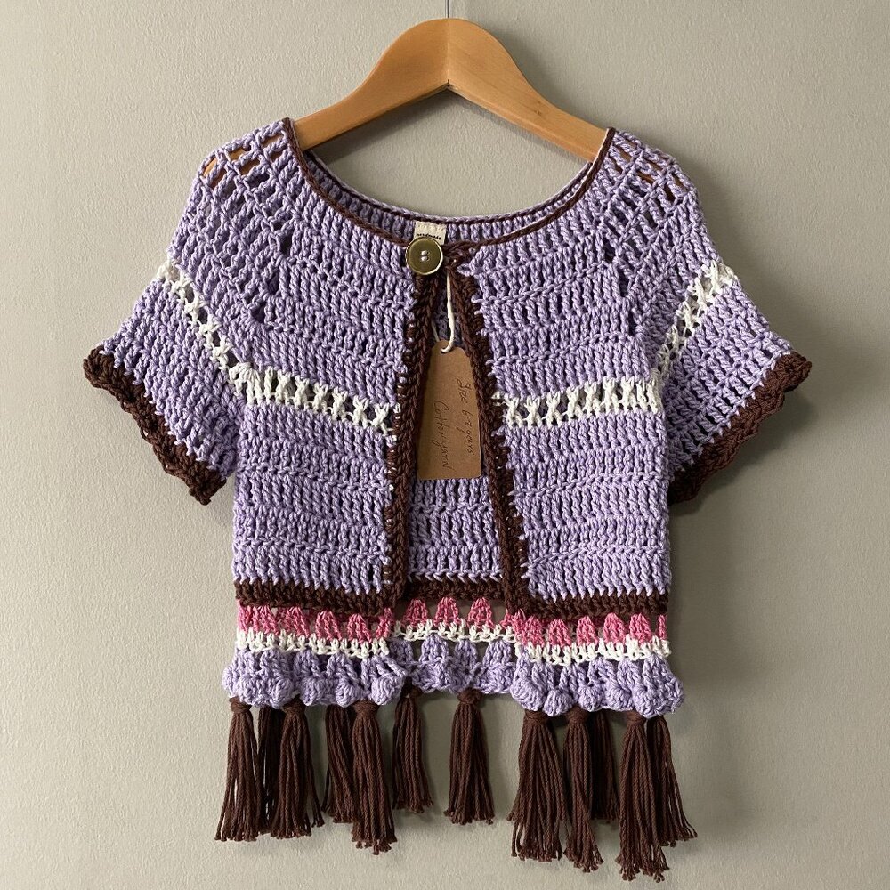 Handmade Crochet Purple Brown Pink White Childrens Fringe Short Sleeve Cardi
